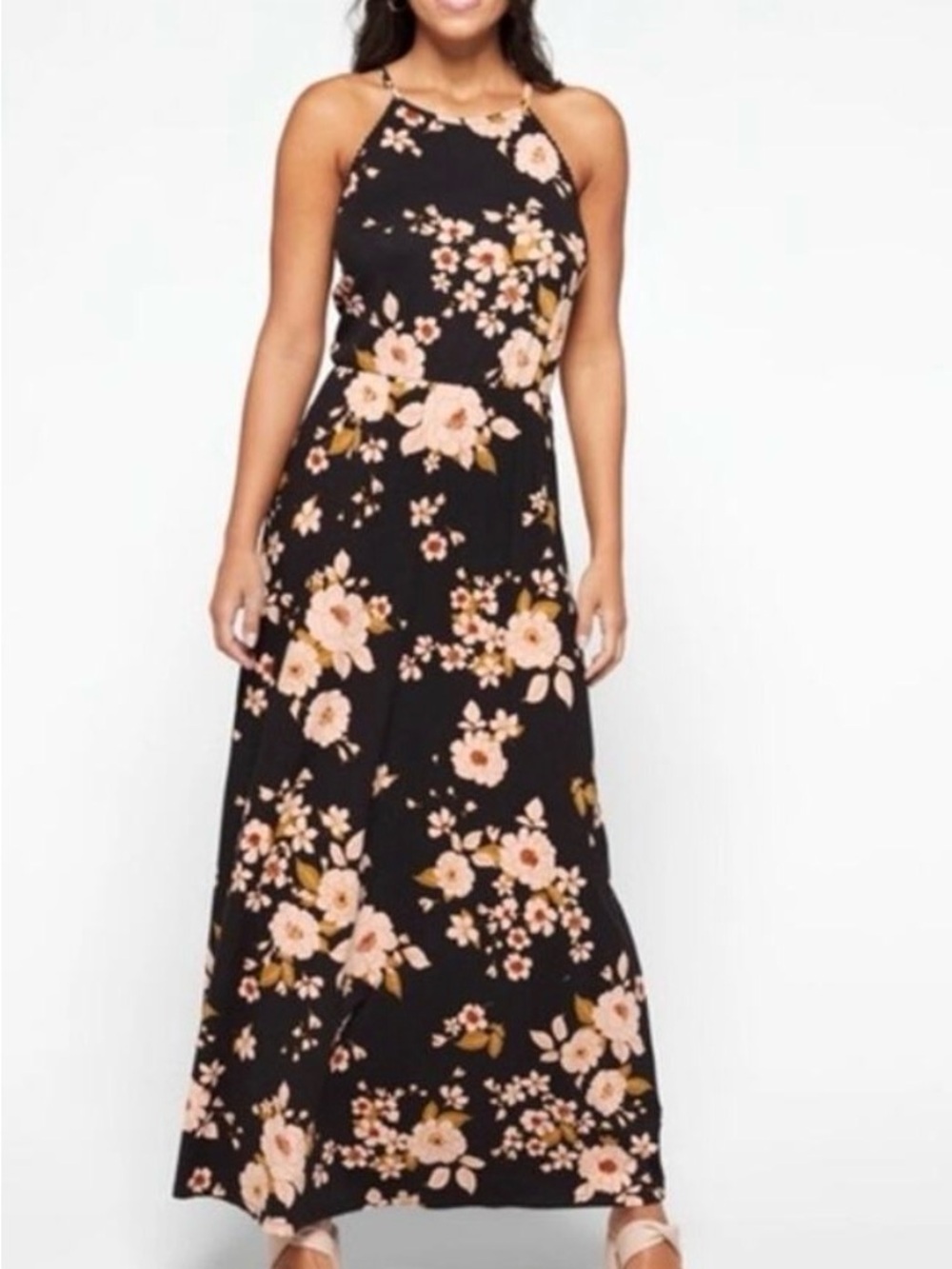 French Grey Black Maxi Dress with Pink Floral Print